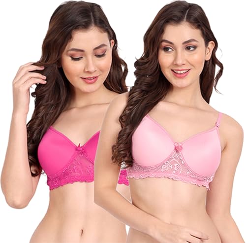 Image of FIMS - Fashion is my style Women Cotton Blend Lace Lightly Padded Bra Seamless Dark Pink, Pink Size 38B