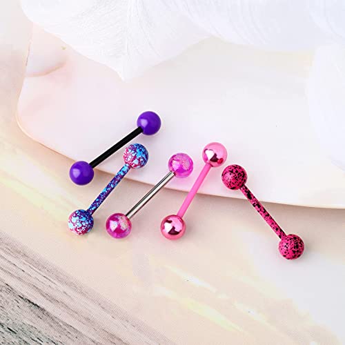 Jewseen 5PCS Pink Purple Acrylic Balls Tongue Barbell Splatter 316L Stainless Steel Bar Tongue Rings Piercing2