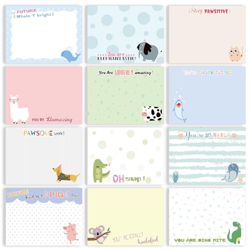 Weekgrat 12 Pads Cute Animal Pun Sticky Note Pads Inspirational Funny Sticky Notes 600 Sheets 3 x 4 Inch Motivational Memo Notepads Self Stick Cute Post Notes Positive Appreciation Gifts for Teacher