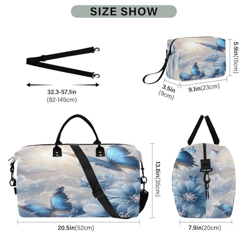 Weekender Bags Travel Duffel Gym Bag Blue Butterflies Flower Carry on Overnight Tote Bag with Toiletry Bag for Airplane Travel Trip Gym Yoga3