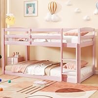 Giantex Twin Low Bunk Bed, Solid Wood Twin Over Twin Bunk Bed Frame with Full Guardrails & Integrated Ladder, Floor Twin Bunk Beds for Kids Boys and Girls, No Box Spring Needed (Pink)