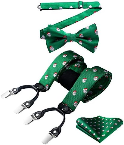 HISDERN Mens Braces Bowtie Set Christmas Festival Suspenders Pocket Square Adjustable Y Shape with Strong Clips Fun Santa Pattern Braces for Men