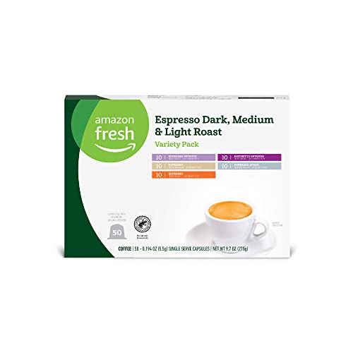 Image of Amazon Fresh Espresso Dark, Medium & Light Roast Aluminum Capsules, Variety Pack, Compatible with Nespresso Original Brewers, 50 Count (5 Packs of 10)