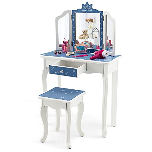 HONEY JOY Kids Vanity Snowflake Themed Princess Makeup Vanity Set for Little Girls Real Glass Tri-Folding Mirror Bedroom Dressing Table & Chair Set Wooden Girls Vanity Set w/Mirror and Stool(Blue)