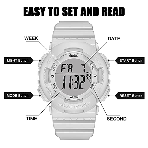 Fembw Sport Digital Chronograph Watch With 7-Color Backlight Alarm And Stopwatch, Resin Strap (White) #TOP4
