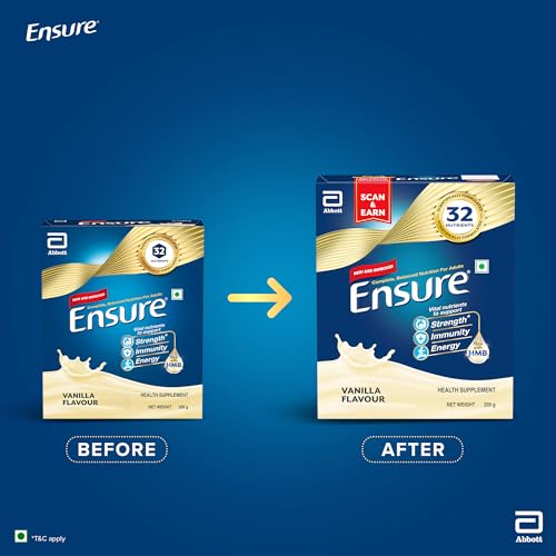 Ensure No 1 Nutritional Supplement Drink in the world, 32 nutrients High Protein, Calcium, Vitamin D, Vanilla Flavour, 200g