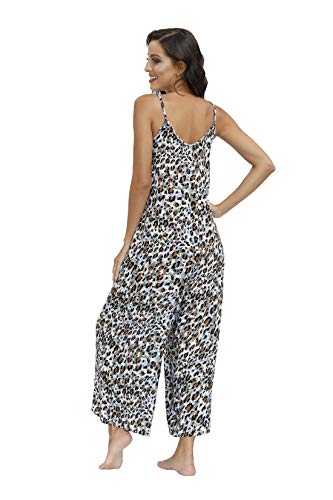 Wexcen Womens Floral Printed Jumpsuits Casual Sleeveless Spaghetti Strap Rompers Wide Leg Pants With Two Pockets (Blue Leopard, L) #TOP1