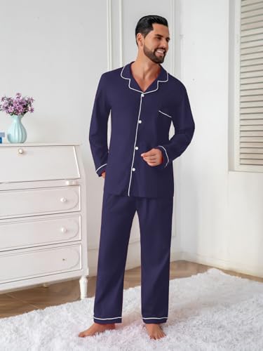 Image of QZH.DUAO Mens Pajama Set 100% Cotton Long Sleeve Button Down PJs