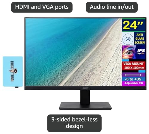 Image of acer 24 inch Vero V247Y Gbmix FHD IPS Monitor with 4 ms Response Time, Anti-Glare, Adaptive Sync, Integrated Speakers, VESA Mount (100x100mm) & Dockztorm USB Port Expander, HDMI, Black (UM.QV7AA.G03)