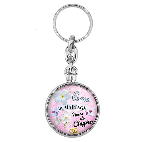 BADGMANIA Porte Clés Métal 2 faces Anniversaire 6 ans de Mariage Noces de Chypre | Alliances Anneaux de Mariage | Logo 33mm | Forme ronde