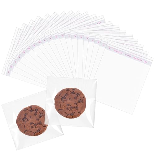 Miraclekoo 100 Pcs 5x5 Inch Cookie Bags with Seal,Self Sealing Cellophane Treat Bag,Clear Plastic Sleeves,Gift Giving Packaging