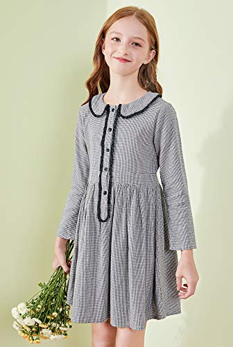 Image of SOLOCOTE Girls Plaid Dress Cotton Casual Spring Long Sleeve Dresses Peter Pan Collar 3-14Y