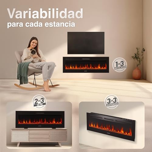 KAMINIO Marlon Pro 50 chimenea eléctrica: detalle del efecto llama 3D con brasas y colores LED