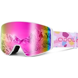 Odoland Gafas de Esquí para Niños, Gafas de snowboard Cilíndricas, Anti-niebla, Anti-UV, Chop-Viento, Amplia Vista para Niños y Niñas Compatible con Casco Marco Blanco + Lente Rosa VLT15%