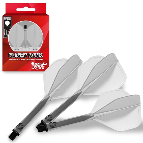 Shot! Darts Flight Deck One Piece Dart Flight and Shaft System, Reduced Deflections, Standard Shaped Flight (350 Micron), Available in Set of 3, Inbetween Length in Clear Color
