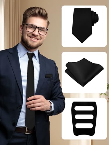 Image of Mantieqingway Black Tie Sets for Men Classic Solid Color Tie Handkerchief Pocket Square Holder Formal Graduation Wedding