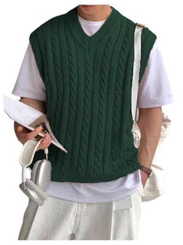 SHENHE Men's Cable Knit Sweater Vest V Neck Sleeveless Fashion Fall Jumper Pullover