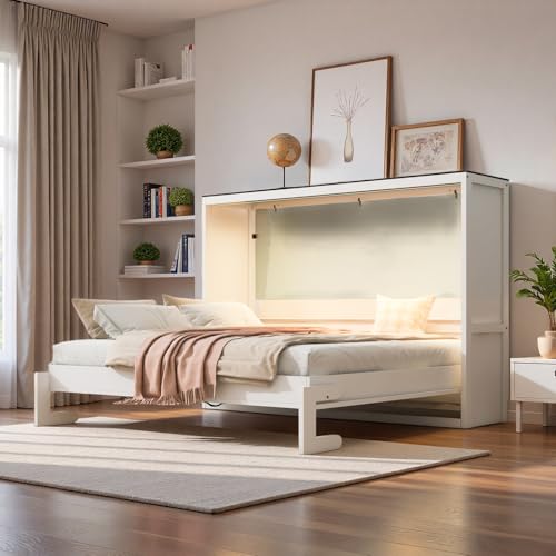 SOFTSEA Full Size Horizontal Murphy Bed with Lights, Modern Folding