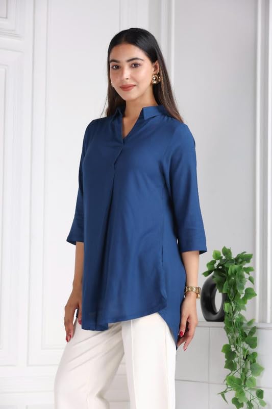 Image of Mlada Rayon Flare Top for Women | 3 /4th Sleeve Regular Fit and Flare Top | Women Office Tops Tunic | Western Long Shirt Top for Women | Shirt Collar Top for Women | Rayon Tunic Tops for Women Western