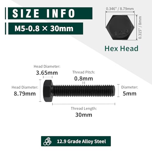 Image of M5-0.8 x 30mm Hex Bolts, High-Strength Metric Class 12.9 Steel Hex Head Screws for Valves Pumps Motors Automotive Suspension Systems, Black Oxide, Full Thread, 25-Pack