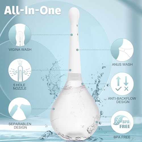 Image of Enema Douche for Men & Women - Anti Back-Flow Anal Bulb with 5-Opening Spray Tip, 150ml Portable Kit for Personal Intimate Hygiene (White)