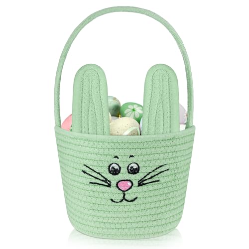 Image of Teenyyou Woven Easter Baskets Woven Bunny Baskets with Handles Eggs Hunt Bucket Rabbit Cotton Rope Basket Baby's First Easter Basket Gift for Toddler Boys Girls(Macaron Green)