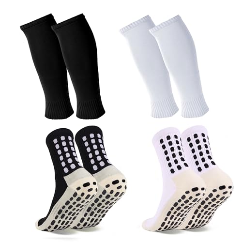 2 Set Grip Soccer Socks and Shin Guard Sleeves Non Slip Soccer Sleeve Socks for Men Women