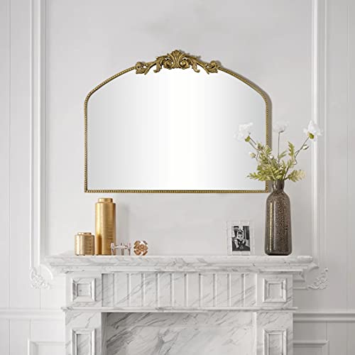 Image of Gold Arched Vintage Mirror 40 inchX31 inch, Antique Mantel Wall Mirror with Ornate Metal Frame, Victorian Dress Baroque Decor for Entryway /Fireplace /Living Room /Hallway /Bathroom /Bedroom