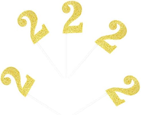 Newqueen 24 Pieces Glitter Number 2 Cupcake Toppers Gold Age Two Cake Picks Decoration for Anniversary Baby Shower 2nd Birthday Party