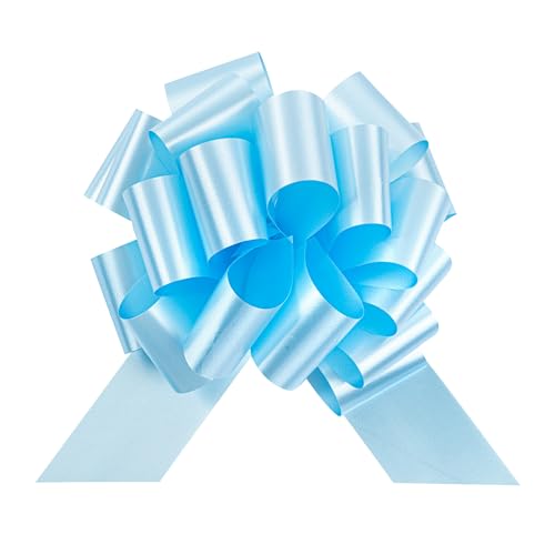 Restaurantware-Gift Tek 5.5 Inch Ribbon Pull Bows, 10 Satin Pull Bows - 20 Loops, Instant Design, Light Blue Plastic Flower Bow for Gifts, Large, for Wedding Baskets and Gift Wrapping