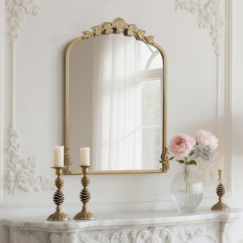 Image of WallBeyond Gold Antique Mirror for Vanity 22x30 Inch, Gold Vintage Mirror with Ornate Frame, Arched Vintage Wall for Bathroom, Living Room, Fireplace