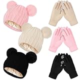 Hicarer 3 Sets Women Winter Warm Set Satin Lined Beanie Hat with Two Pom Poms Touchscreen Gloves for Cold Weather (Black, Beige, Pink)