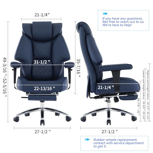 Big and Tall Office Chair with Footrest, PU Leather High Back Executive Office Chair 400lbs, Ergonomic Computer Chairs Lumbar Support for Heavy People (Blue)