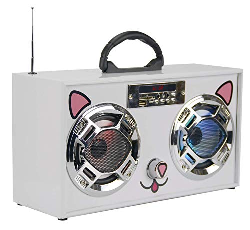 Mini Boombox with LED Speakers –Retro Bluetooth Speaker w/Enhanced FM Radio - Perfect for Home and Outdoor (Cat)