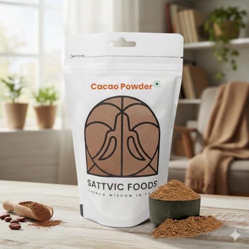 Image of Sattvic Foods Artisanal Cacao Powder (100 g) Produced from Non-Alkalized Cacao beans | Unsweetened | Sourced from Kerala | High in Antioxidants | Use in Baking, Smoothies, Truffles