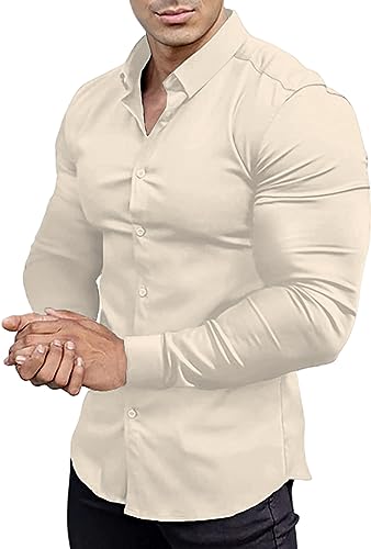 EOUOSS Camisas de Vestir para Hombre de Ajuste atlético, Corte Estrecho, Manga Larga, elástica, Estilo Informal, con Botones, Beige, X-Large