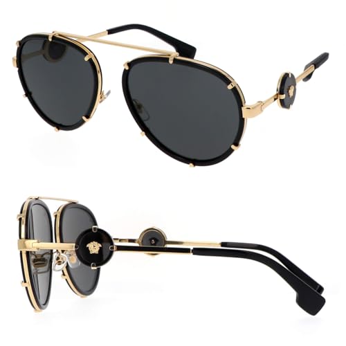 Versace VE2232 61mm Non-Polarized Aviator Sunglasses for Women – Black Metal Frame with Gold Temples, 100% UV Protection, Lightweight & Comfortable Sunglasses, eShades Eyewear Kit Included