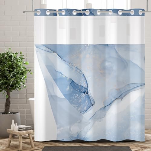 Ttincceer Marble No Hooks Shower Curtain with Snap-in Liner Blue Marble Texture Hook-less Shower Curtains Double Layers Bathroom Decorative with See Through Mesh Top Window Curtain 71x74inch