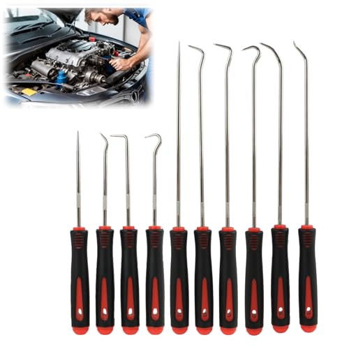 Juego de 10 Ganzúas de Precisión con Gancho y Ganzúa - Rojo y Negro, Herramientas Automotrices con Empuñadura de Goma, Ganchos de Precisión para la Extracción de Sellos Automotrices