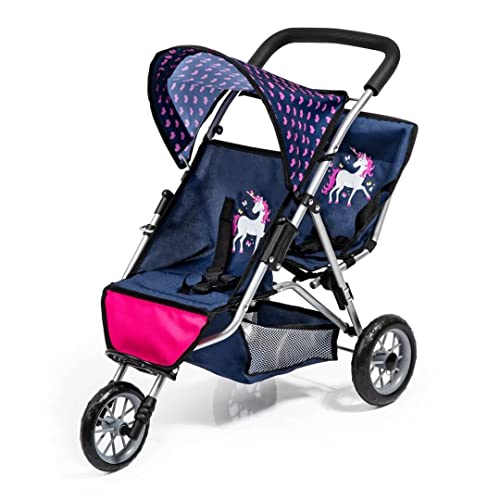 Bayer Design 39154AA Cochecito gemelar para muñecas Duo, Carrito para muñecos Doble, Plegable, Azul, Rosa, Unicornio