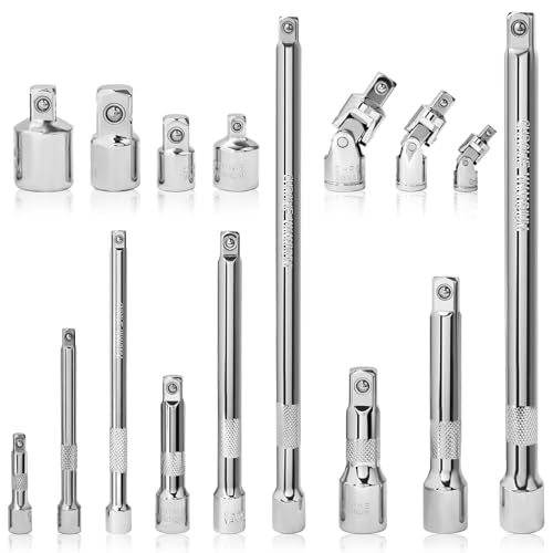 Impact Socket Extension Bar Set Hakkin 16Pcs 1/2” 3/8” 1/4” Drive Extensions Socket Tool with Universal Joints, Impact Socket Adapter Set for Electric Wrench, Ratchet Wrench