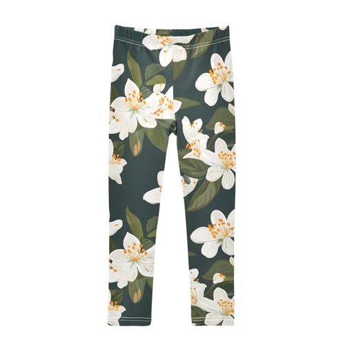 White Jasmine Flower Girls Leggings Soft Stretch Workout Yoga Dance Pants for Kids Casual Tights