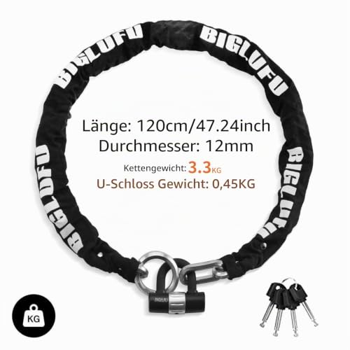 Foto von Kettenschloss, BIGLUFU 12mm Stahlkette Motorradschloss Kette Hohe Sicherheit, 120cm lang Fahrradschloss mit 16mm U-Schloss Fahrrad Schlösser für Motorrad, Fahrrad, Scooter, Gartenmöbel (120cm*3kg)