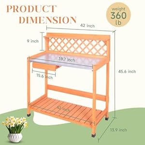 Outdoor Potting Bench & Wooden Gardening Work Station Planting Table with Metal Tabletop, Drawer, Storage, and Hooks Outdoor Potting Bench Wooden Gardening Work Station Planting Table with Metal Tabletop Drawer Storage and Hooks