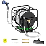 SPECILITE Upgraded Metal Garden Hose Reel With 100 Ft 304 Stainless Steel Water Pipe, Heavy Duty Anti-UV Wall Mount/Floor Spool with Sprayer Nozzle, 3/4'' Brass Fittings, 360° Rotation Frame, for Yard