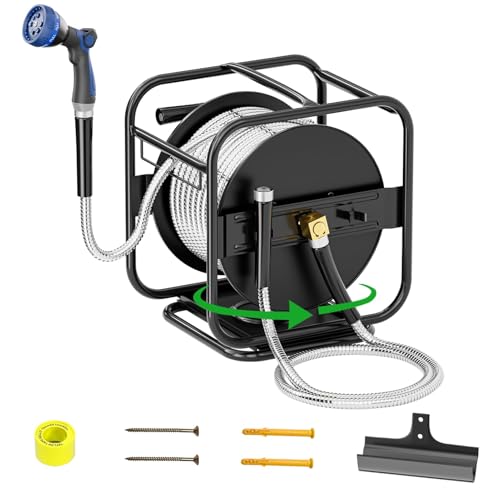 SPECILITE Upgraded Metal Garden Hose Reel With 100 Ft 304 Stainless Steel Water Pipe