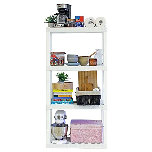 Koolatron 4 Tier Oskar Storage Shelves - Bathroom Wall Organizer, Kids Room Toys Book Shelf, No Drill Heavy Duty Industrial Display, Kitchen Closet Garage Outdoor Stackable Plastic Shelving Unit White