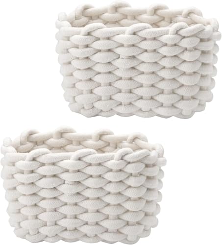 Lot de 2 paniers de rangement à langer Petit panier tressé Panier de rangement en coton doux Carré Salle de bain Jouets Mini panier blanc (blanc)