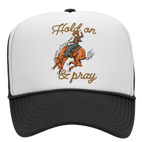 Hold On & Pray Trucker Hat | Christian Jesus God Blessed Faith Cowboy | Premium Snapback Hat for Men & Women (US, Alpha, One Size, Black/White)