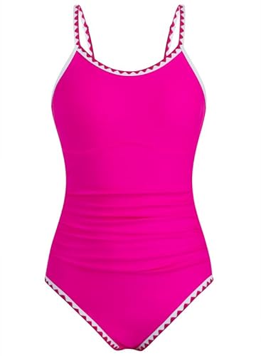 XiaoMoSha Swimming Costume Girls One Piece Bathing Suit with Adjustable Straps Color Contrast Trim for Teens Girls, 10-11 Years, Hot Pink